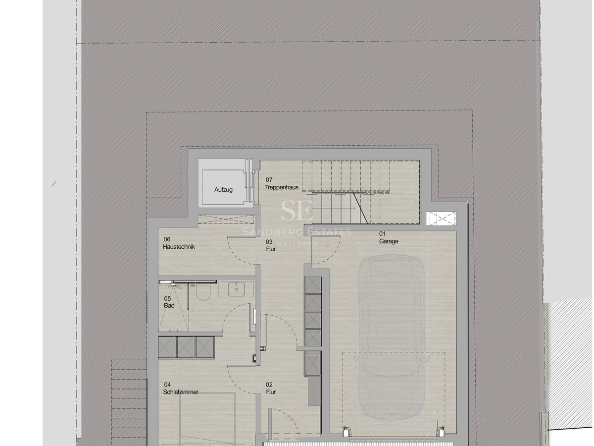 Plan d'architecte d'un niveau inférieur comprenant un garage, une chambre, une salle de bain et des escaliers.