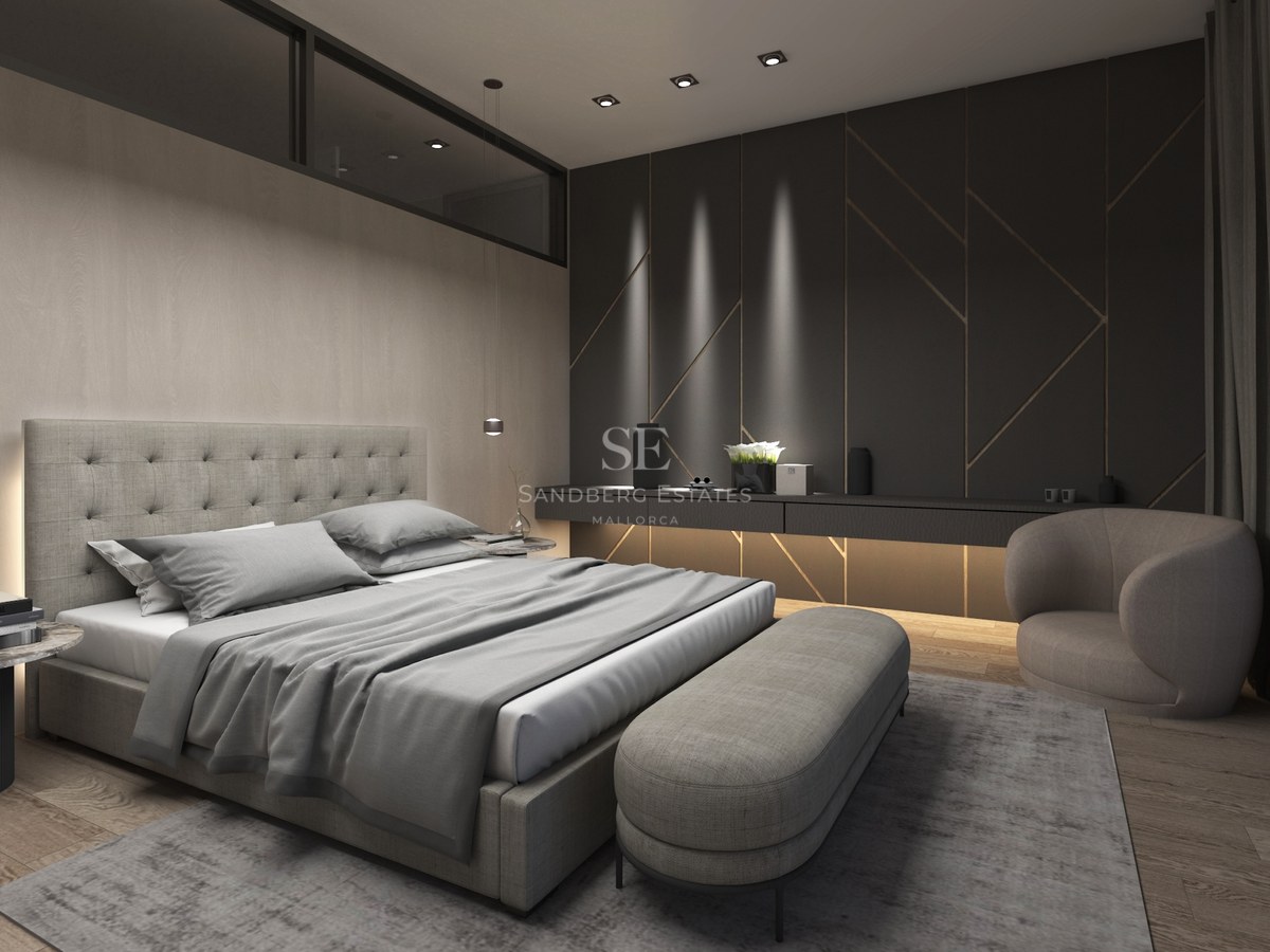 Chambre de luxe avec lit gris, mur d'accent anthracite, parquet en chêne et luminaires design.