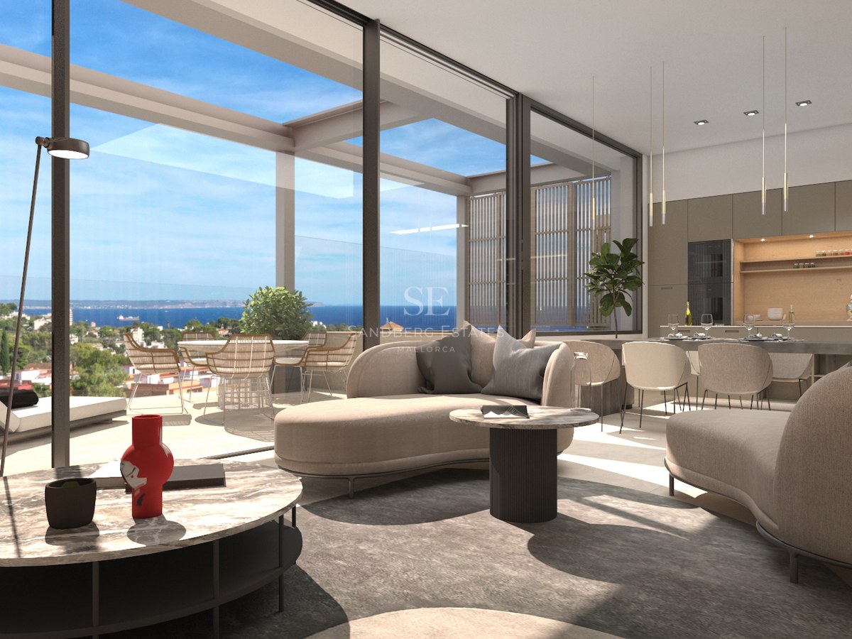 Salon de luxe avec canapés incurvés et tables en marbre, baies vitrées offrant une vue sur la mer Méditerranée.