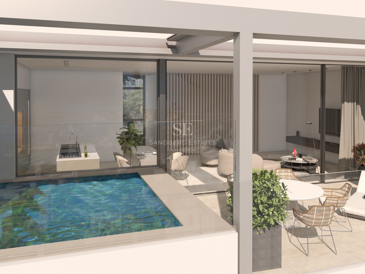 Une terrasse moderne avec une petite piscine, des chaises longues et du mobilier de créateur devant des baies vitrées.