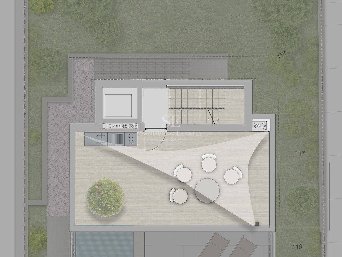 Plan architectural en vue de dessus d'une villa de luxe montrant le jardin, la piscine et la terrasse.
