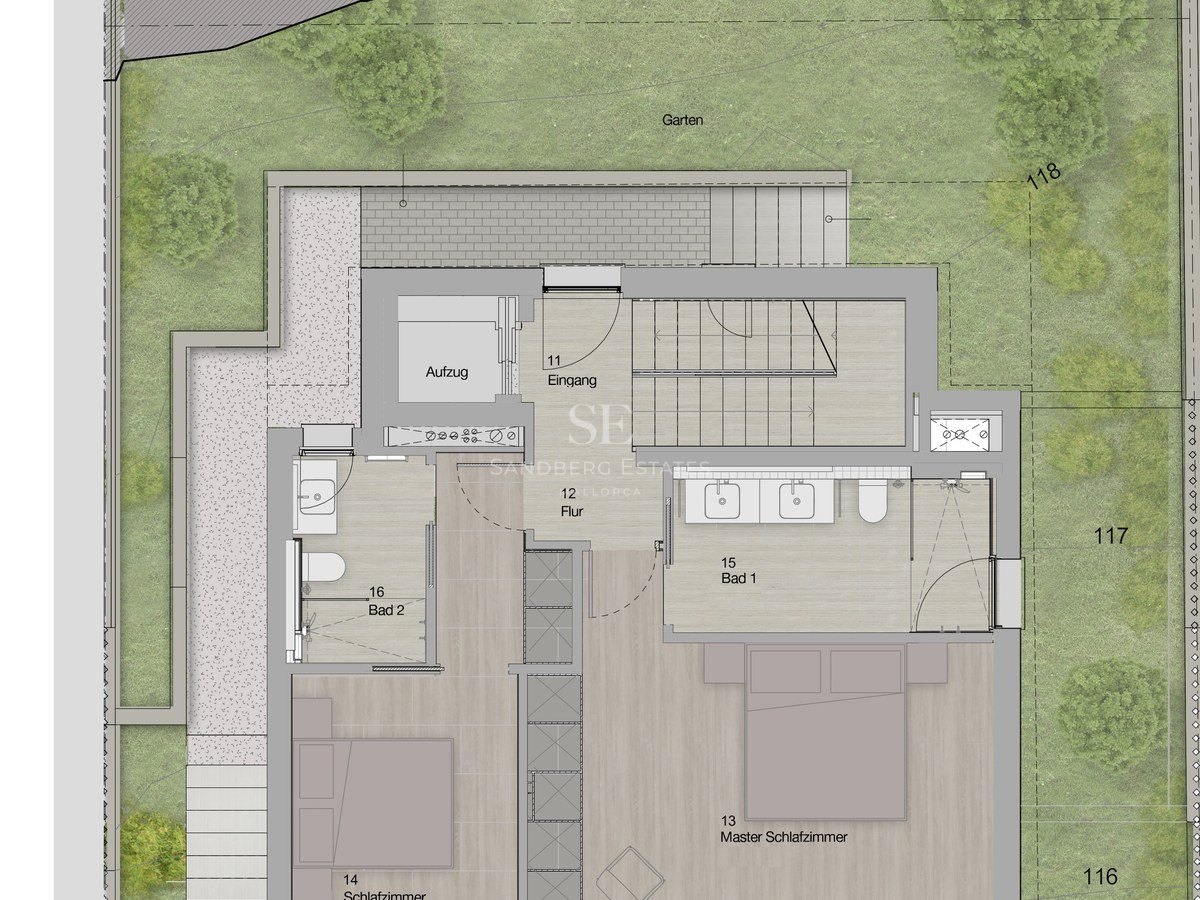 Plan d'architecte montrant deux chambres, des salles de bains et un grand jardin.
