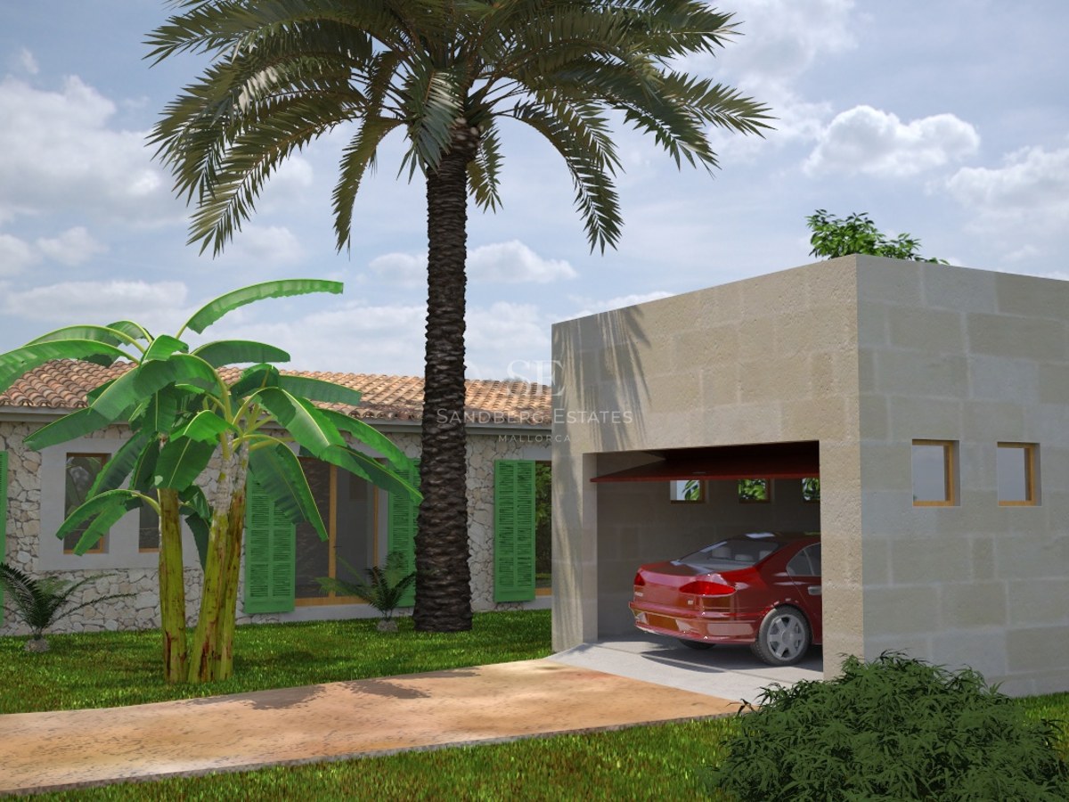 Rustic stone villa with green shutters, palm trees, and a detached stone garage featuring a red car inside.
