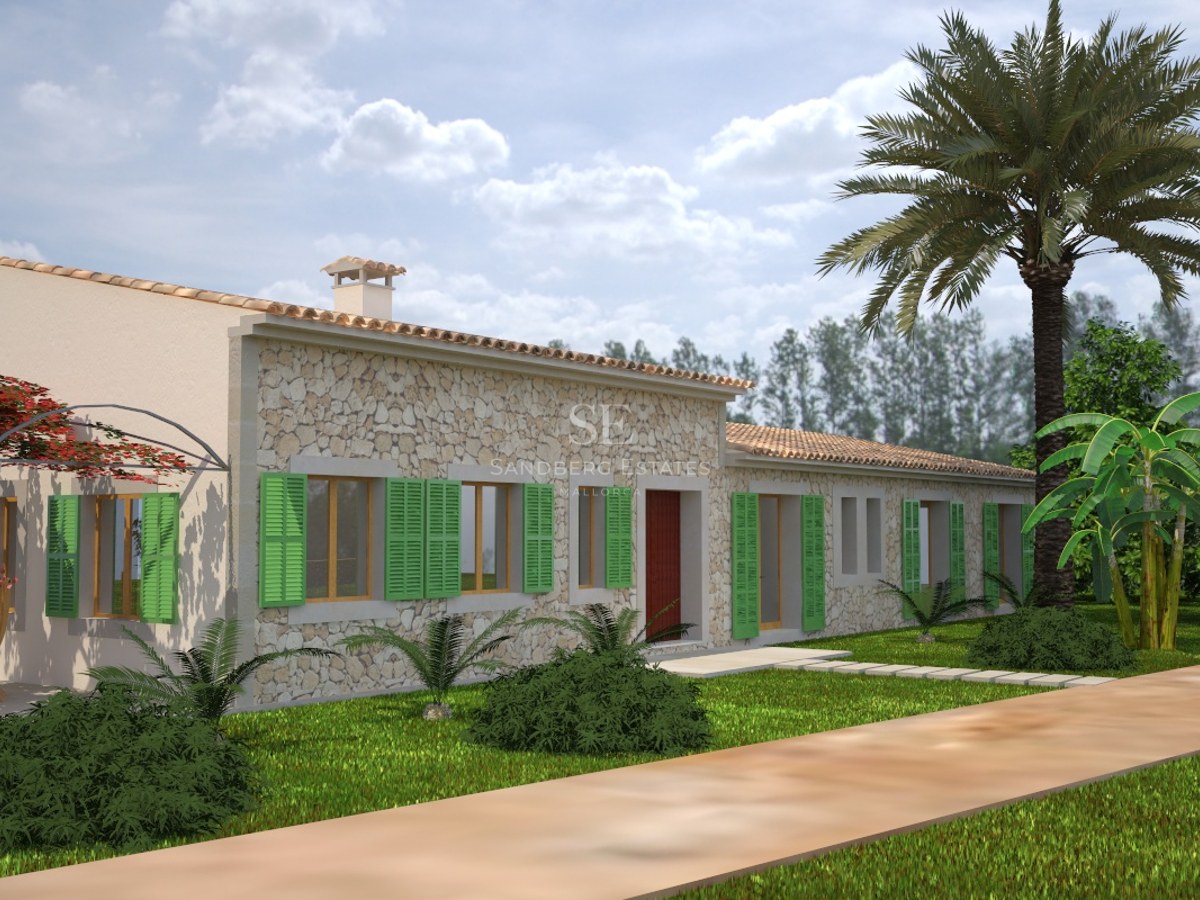 Single-story Mediterranean villa with stone walls, green shutters, a palm tree, and a garage under a blue sky.