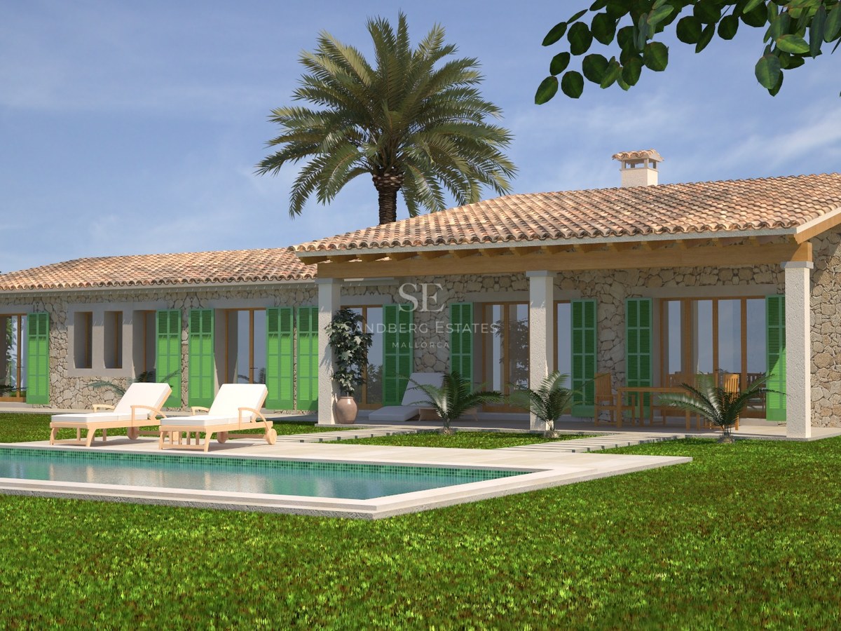Stone villa with green shutters facing a rectangular pool and manicured lawn with palm trees.