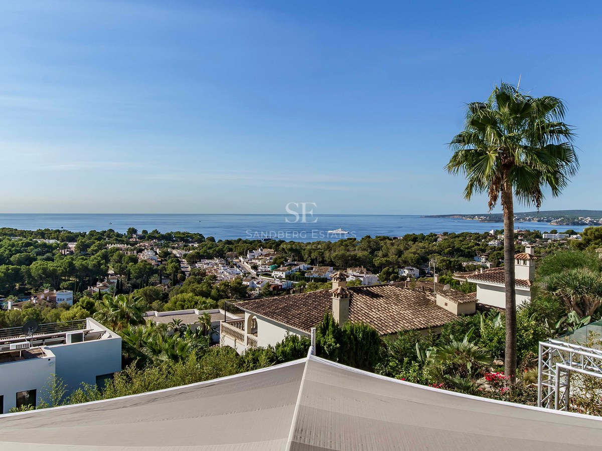 Vista elevada del mar azul y villas costeras rodeadas de vegetación y palmeras bajo un cielo despejado.