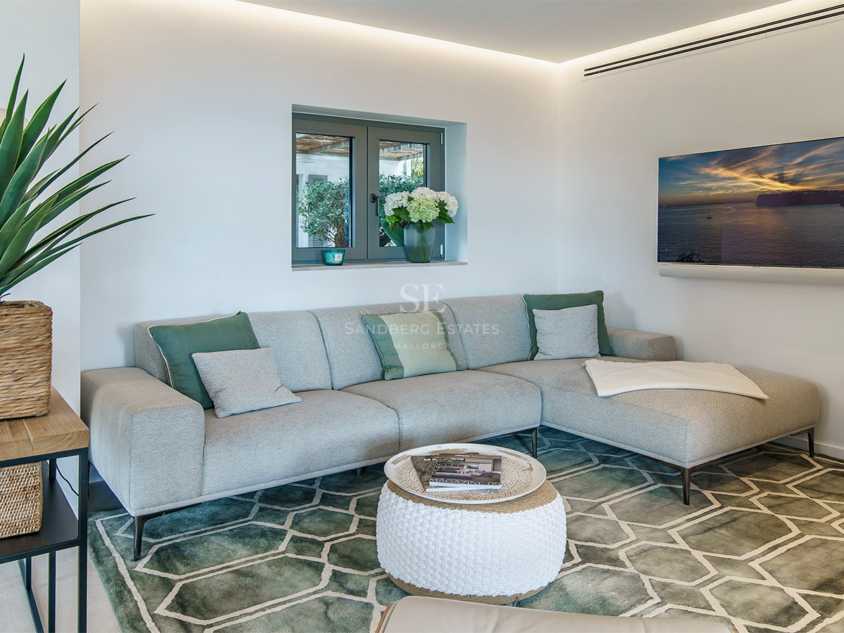 Interior de un salón contemporáneo con sofá gris, alfombra geométrica verde y televisión montada en la pared.
