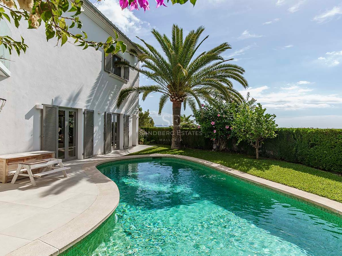 Piscina curva rodeada de césped verde, una palmera y una villa blanca con persianas grises bajo un cielo despejado.