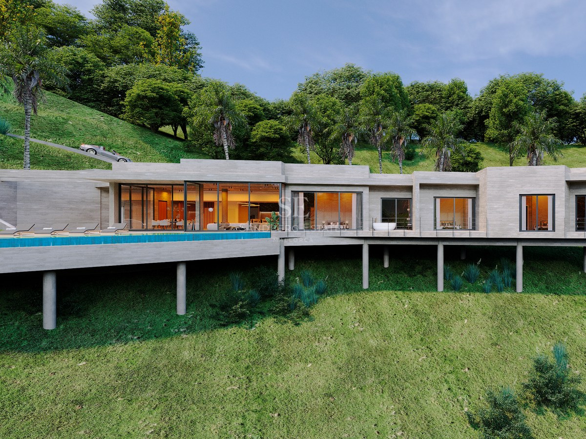 Modern hillside villa featuring concrete facade, expansive glass walls, and a pool surrounded by lush tropical greenery.