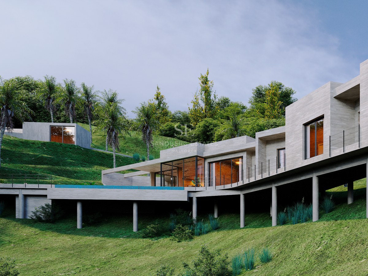 Modern concrete villa on a hillside with floor-to-ceiling windows and an infinity pool under an evening sky.