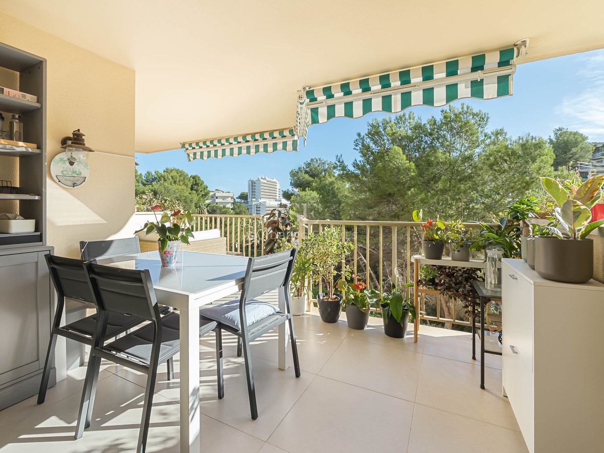 Un balcón soleado con una mesa de comedor blanca, sillas oscuras, muchas plantas en macetas y toldos de rayas verdes.