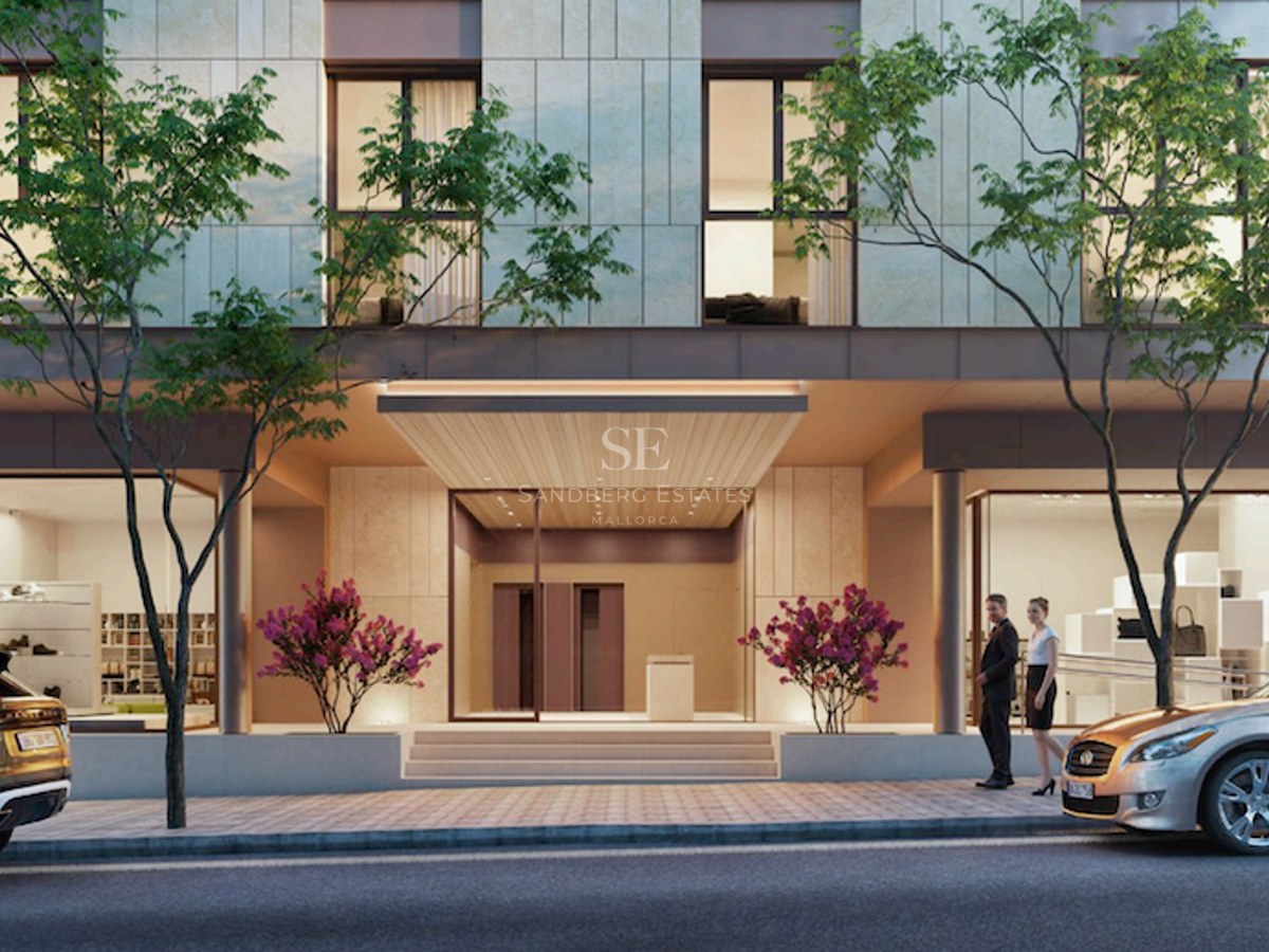 Ground floor of a modern building with central entrance, glass storefronts, sidewalk trees, and luxury cars.