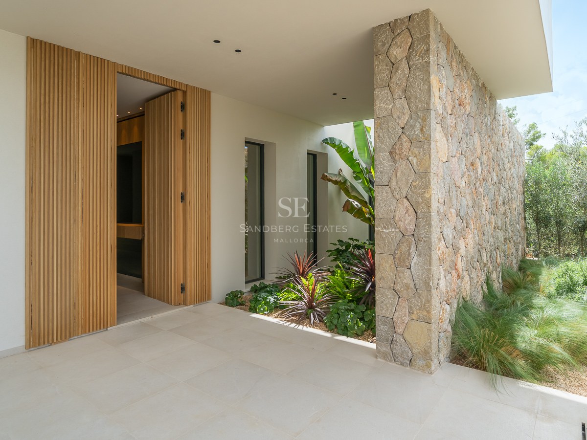 Entrée d'une maison moderne avec porte en bois à lattes, mur en pierre naturelle et plantes tropicales.
