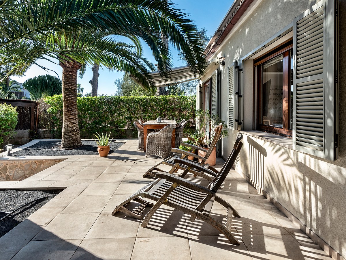 Terraza soleada con tumbonas de madera, mesa de comedor y una gran palmera junto a una fachada con contraventanas.