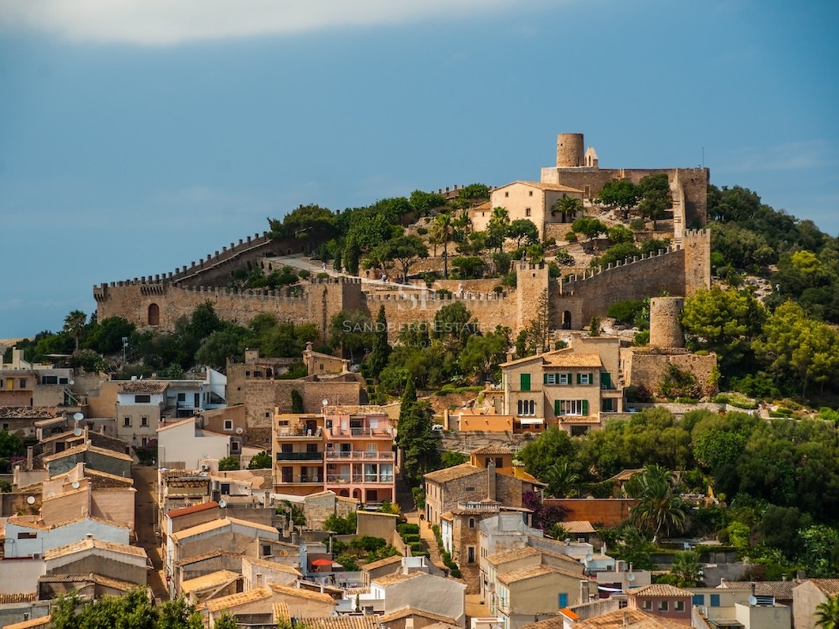 A large medieval stone castle with defensive walls on a lush green hill overlooking a historic town with tiled roofs.