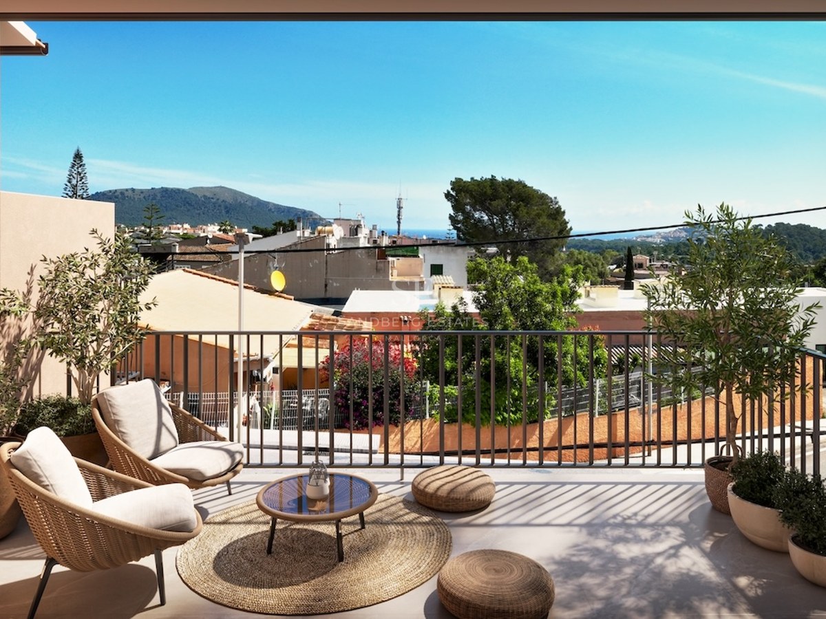 Sun-drenched terrace with stylish wicker chairs, potted olive trees, and views over a coastal town toward the mountains.