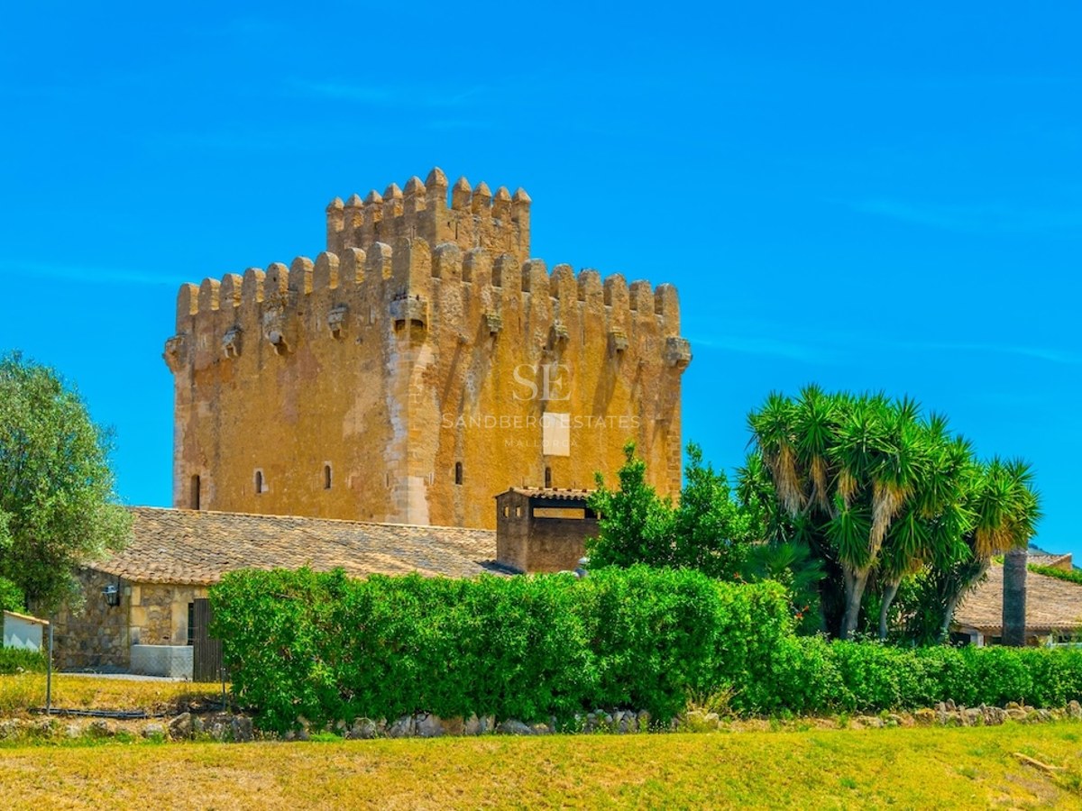 Golden stone medieval watchtower with battlements surrounded by lush greenery under a clear blue sky.