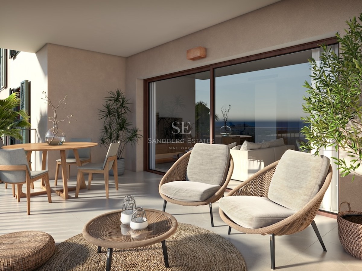 Modern terrace with woven lounge chairs, wooden dining table, and large glass doors reflecting a sea view.