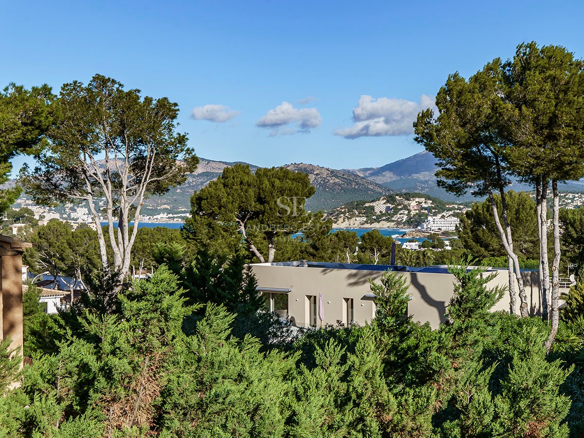 Villa moderna entre pinos con vistas al mar Mediterráneo y las montañas de fondo.