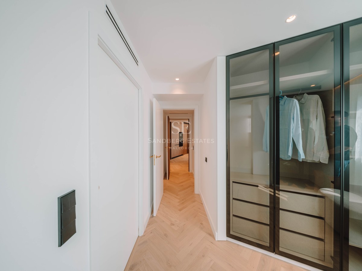 Modern hallway with herringbone wood flooring leading to a walk-in closet featuring glass doors and black frames.