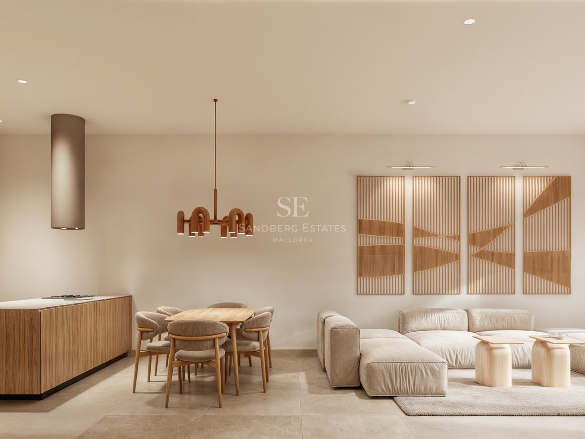 A spacious modern living area with a modular sofa, wooden dining set, and integrated kitchen in neutral tones.
