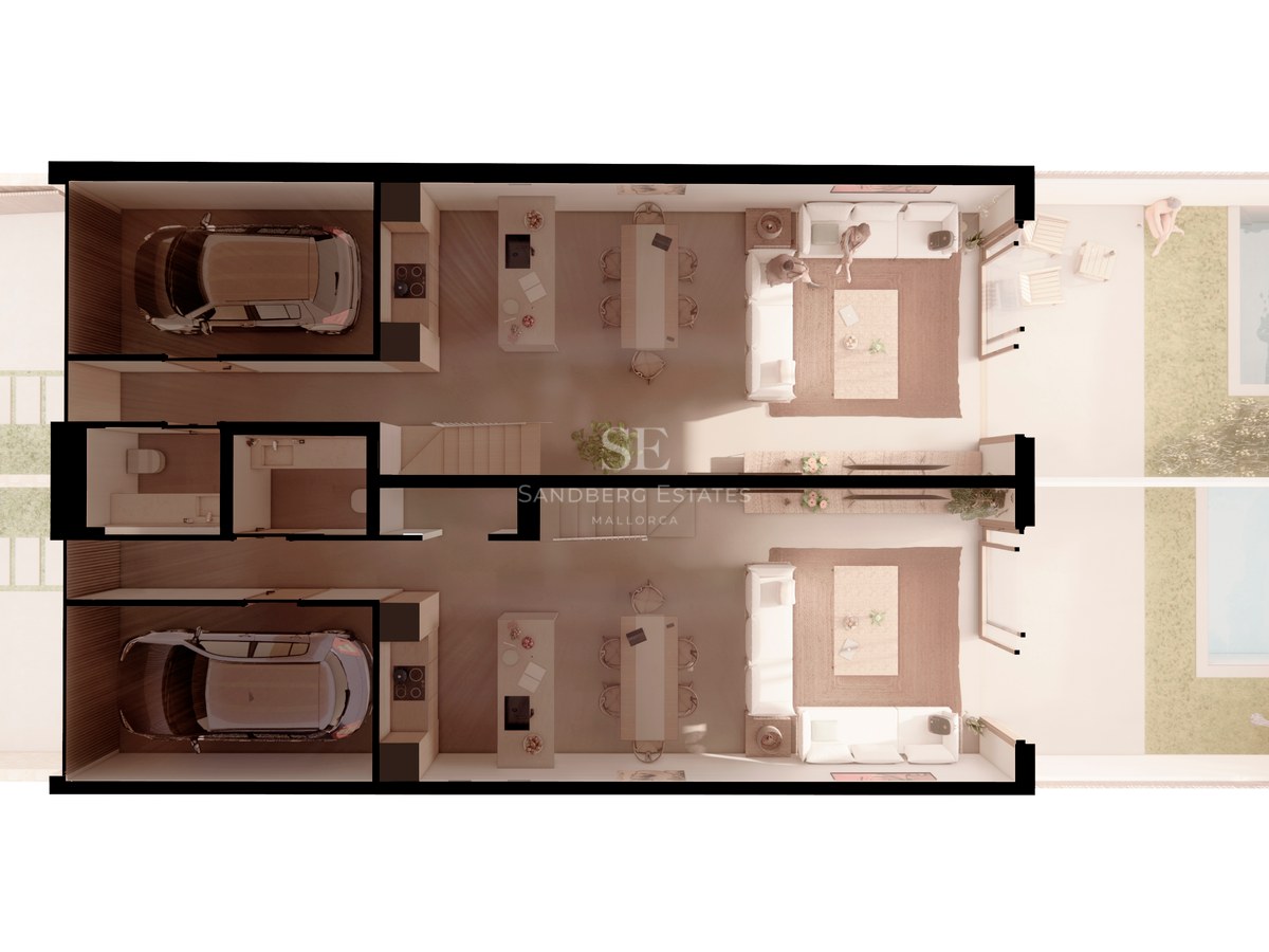 3D-planritning uppifrån som visar två moderna parhus med integrerat garage, öppna sällskapsytor och pool.