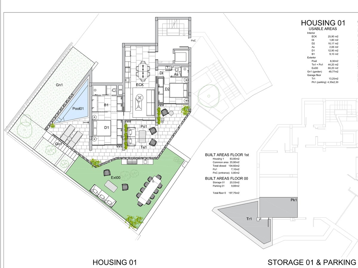 Detailed architectural floor plan showing interior rooms, outdoor garden, pool, and parking layout.