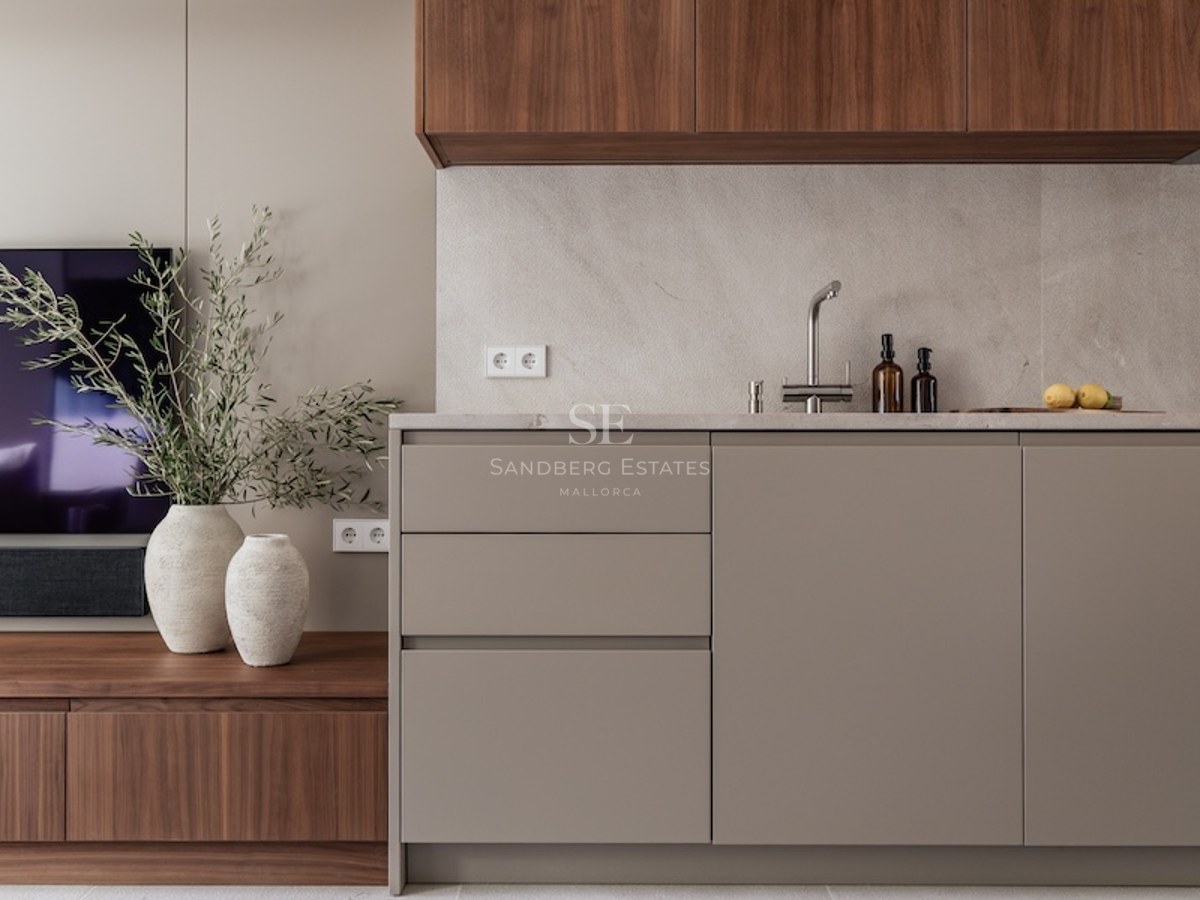 Modern kitchen with taupe cabinets, stone countertop, and walnut wood accents next to a TV unit.