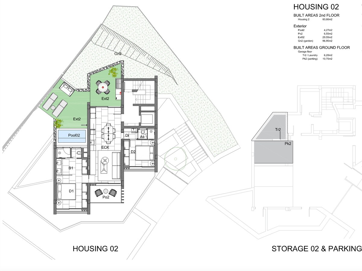Detailed 2D floor plan showing the layout of a residence with a pool, terrace, and parking areas.