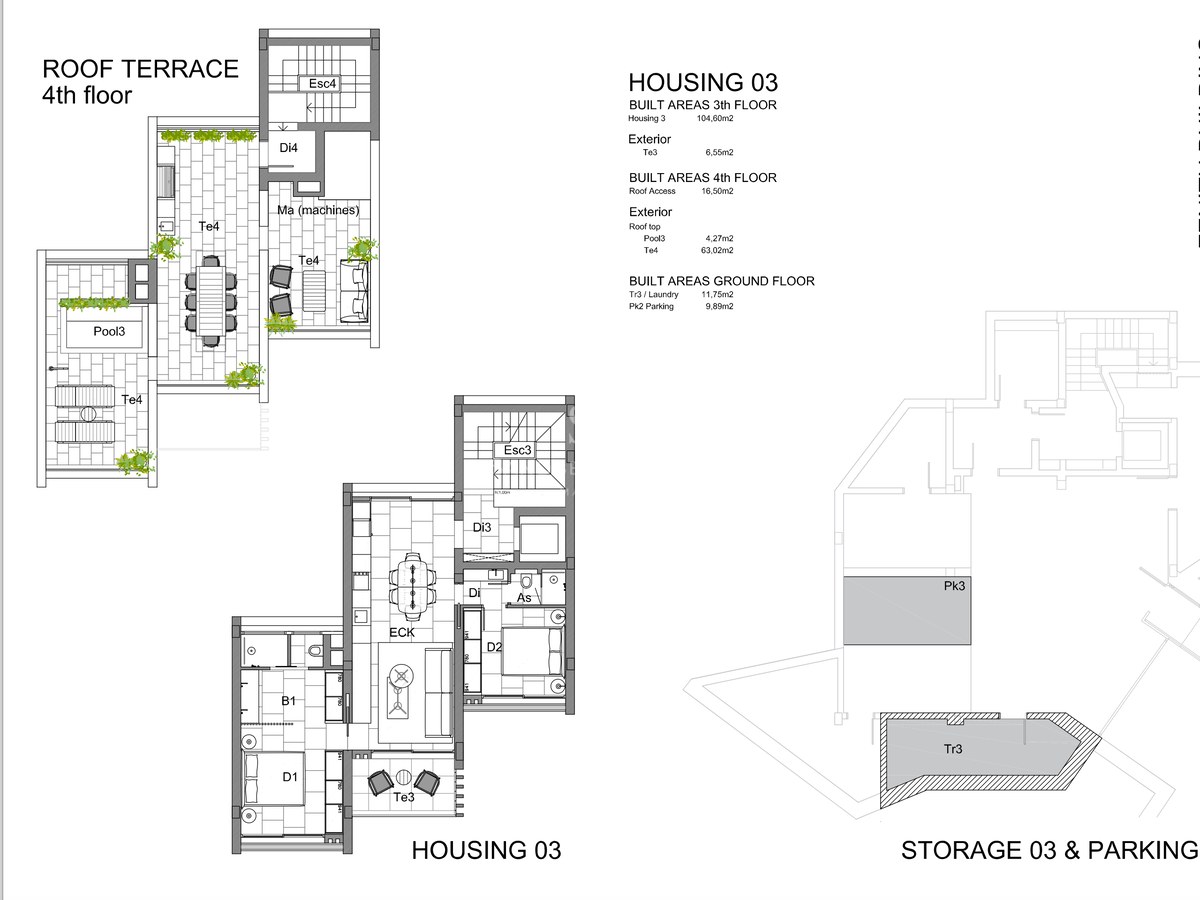 Architektonischer Grundriss eines mehrstöckigen Layouts für Haus 03 mit einer Dachterrasse mit Pool.