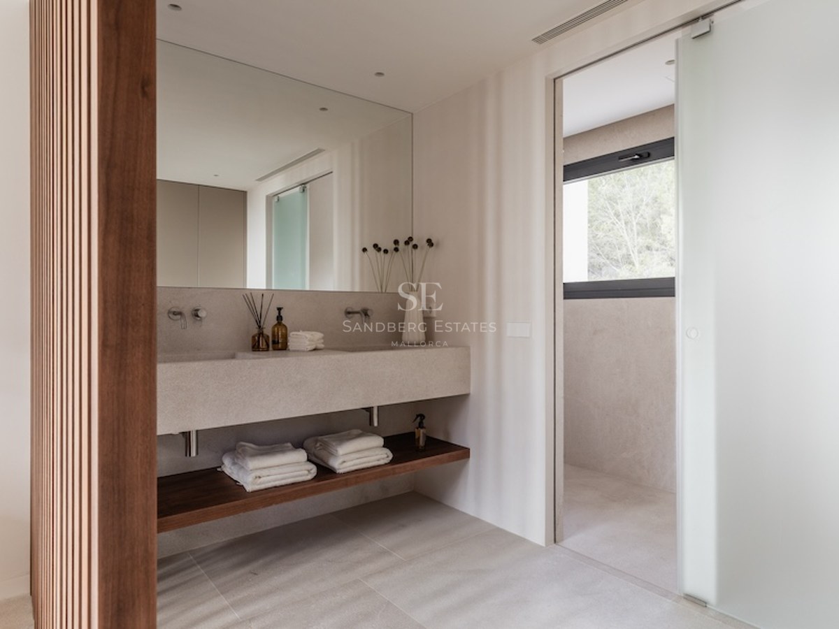 Modernes Master-Badezimmer mit beigem Steinwaschbecken, Holzlamellenwand und satinierter Glastür.