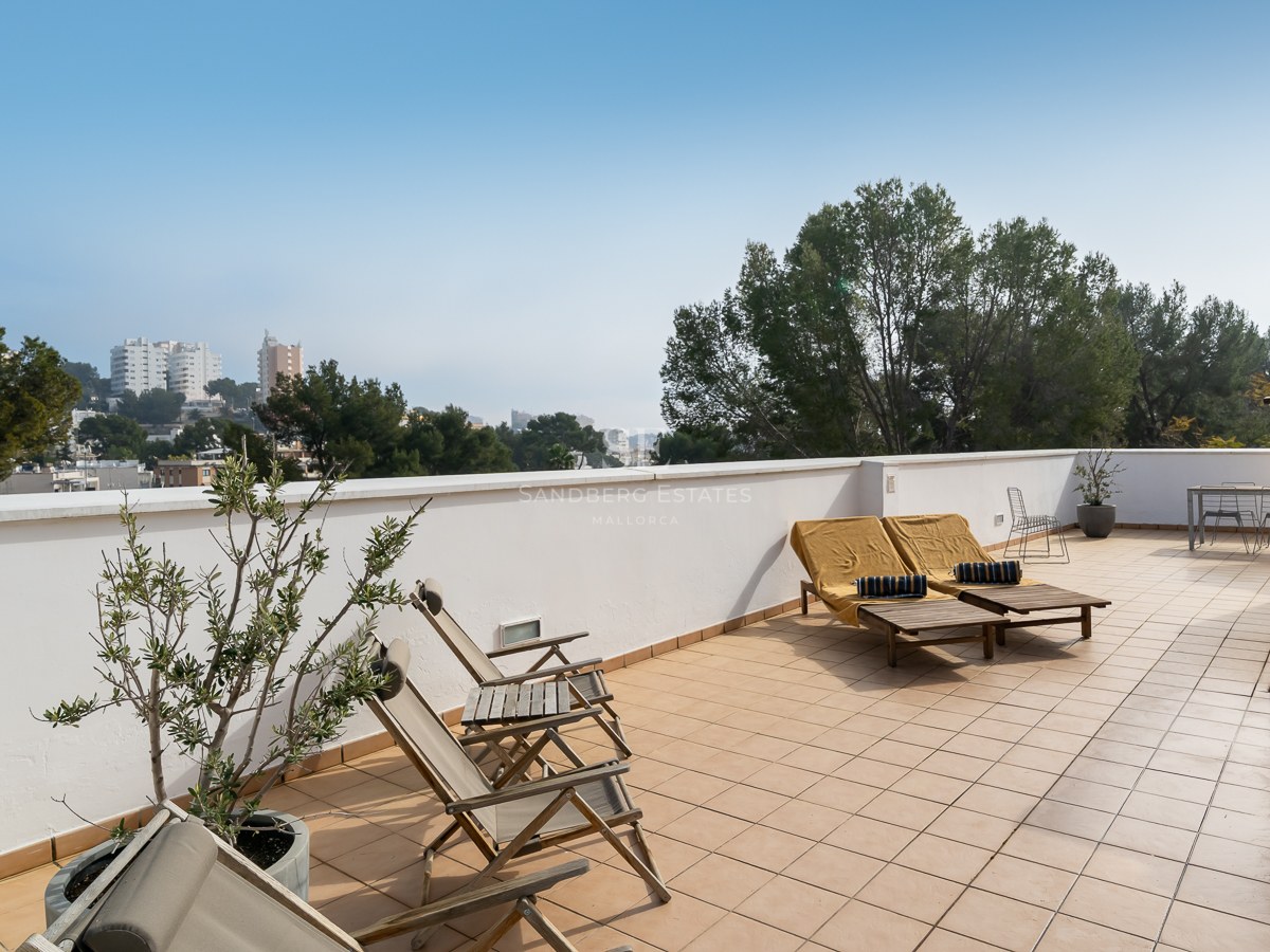 Large tiled terrace with wooden lounge chairs, potted plants, and a view of trees and city buildings.