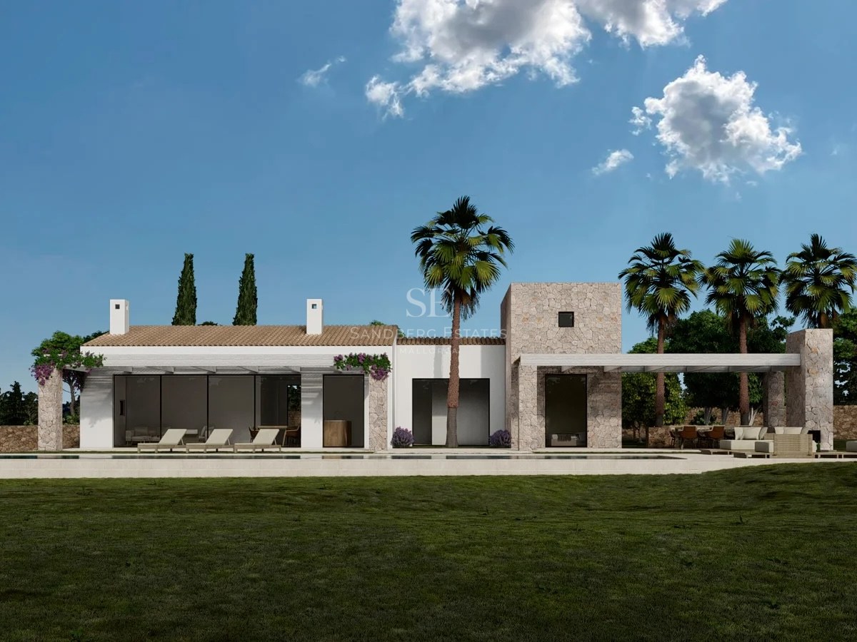 Luxury white and stone villa with swimming pool, palm trees, and green lawn under a clear blue sky.