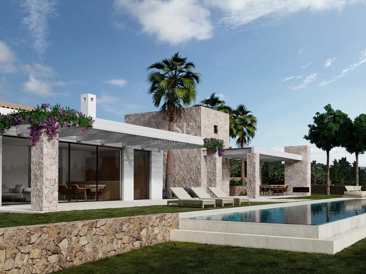 Modern stone and white villa with a long swimming pool, sun loungers, and palm trees under a blue sky.