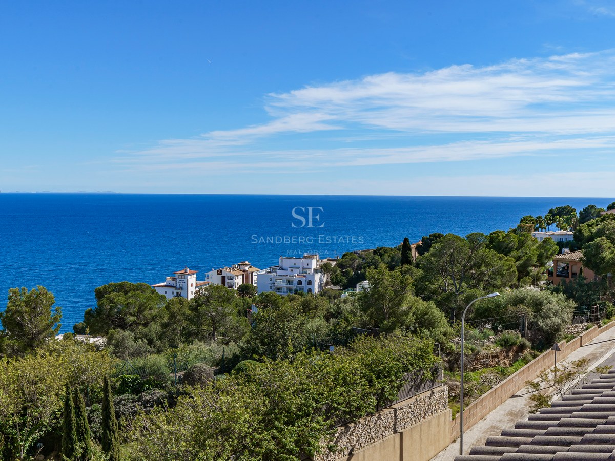 Elevated panoramic view of the blue Mediterranean Sea, coastal pine trees, and white villas under a clear sky.