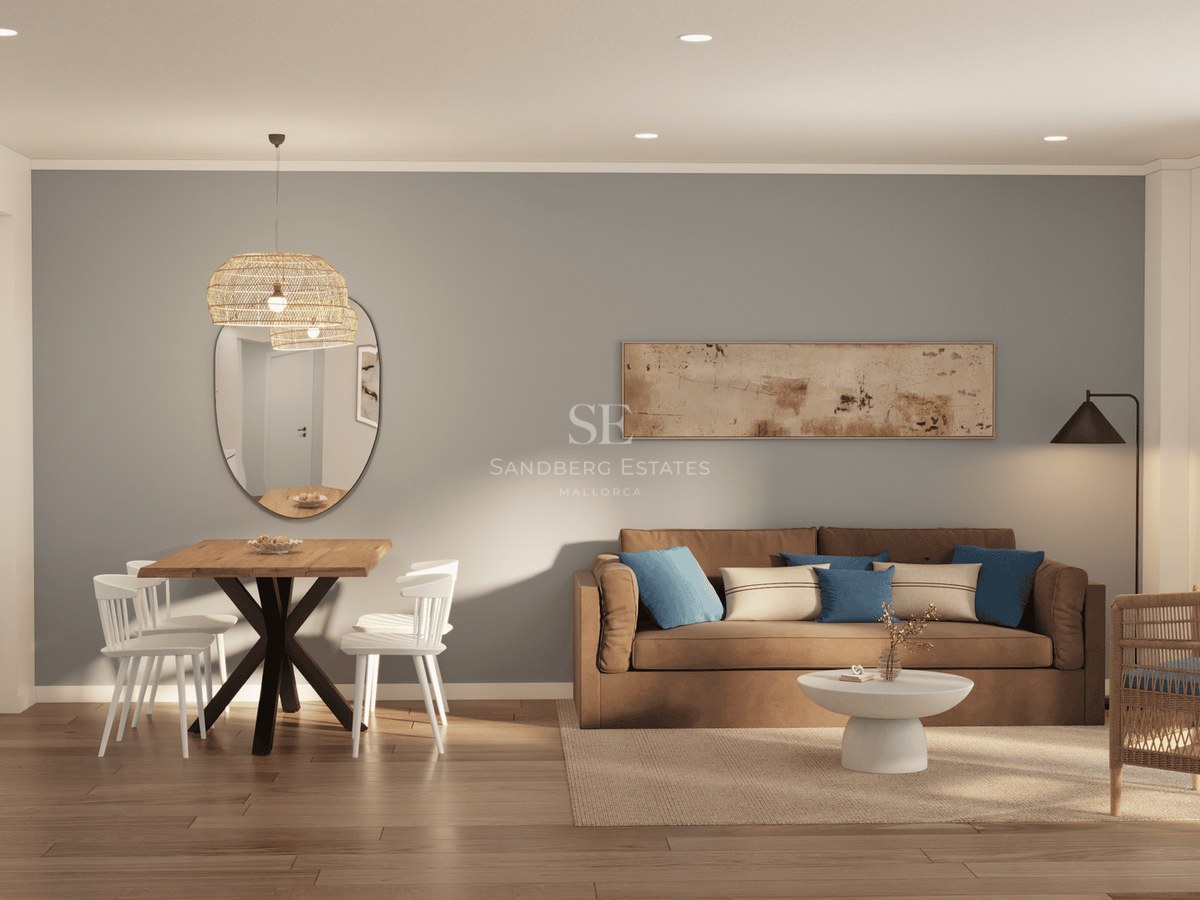 Modern living room with a brown sofa, wooden dining set, rattan pendant light, and large windows.