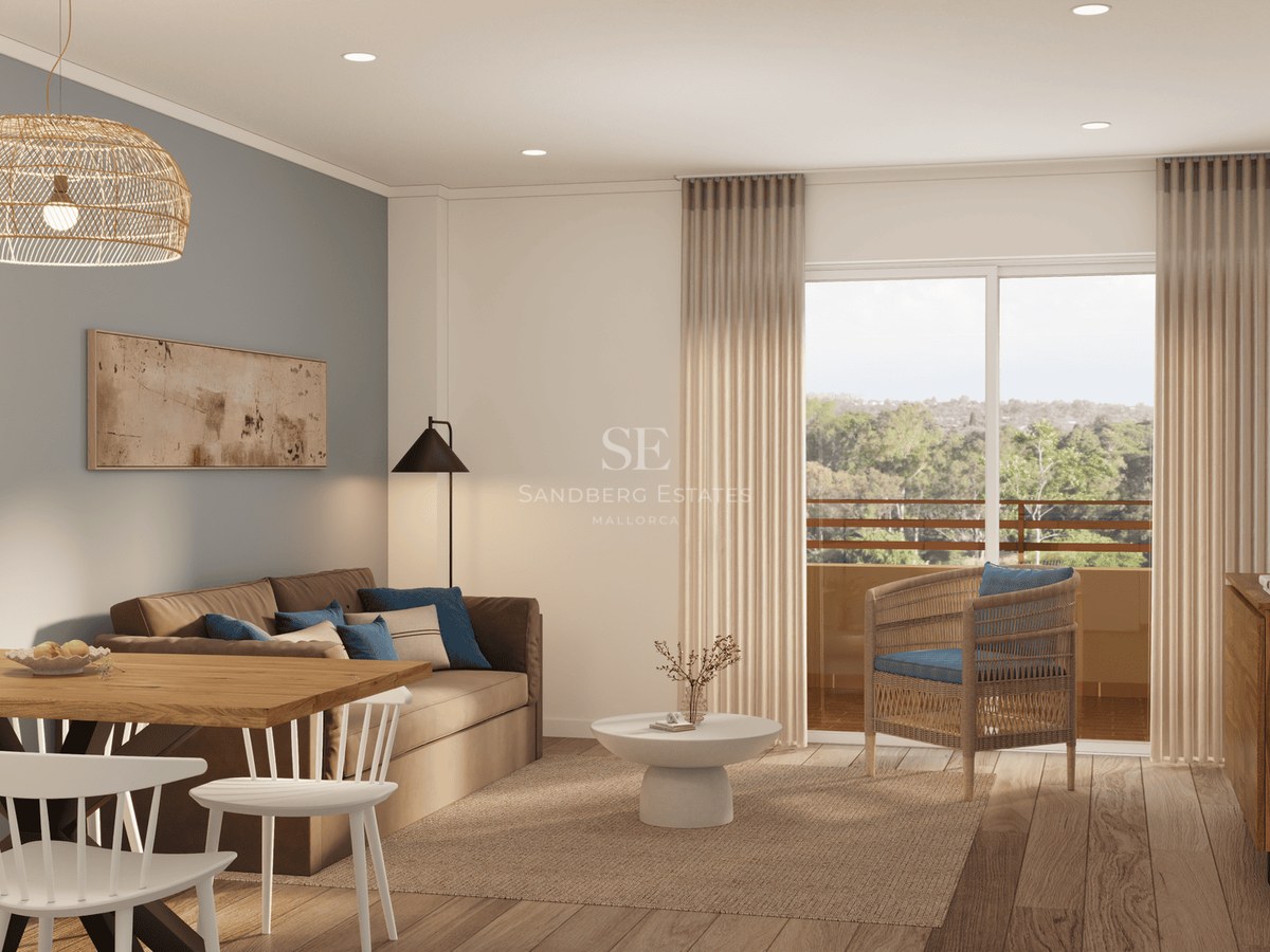 Sun-drenched living room with a brown sofa, wooden dining table, and large glass doors leading to a balcony.