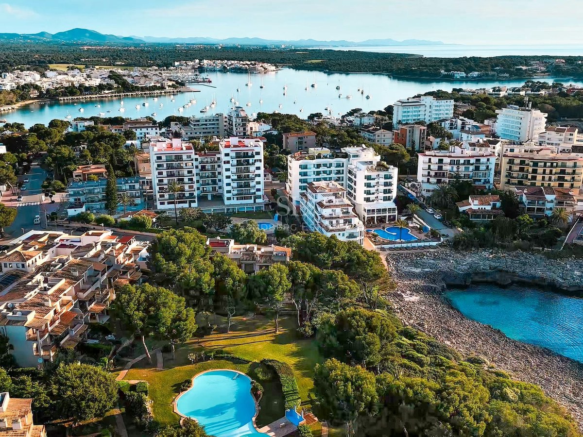 Aerial shot of white buildings by the sea with pools, pine trees, and a cove with crystal clear water.