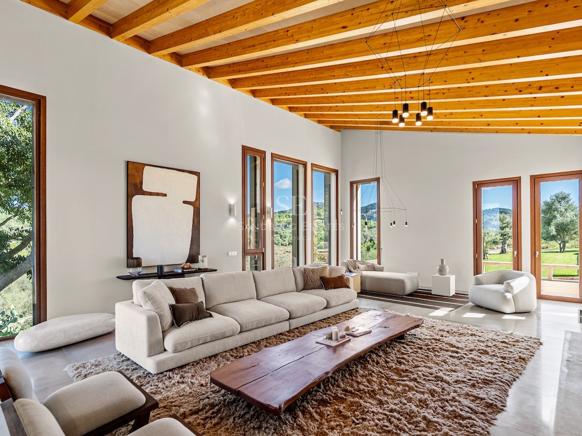Bright living room with high wooden ceilings, cream sofa, live-edge wood table, and large windows viewing nature.