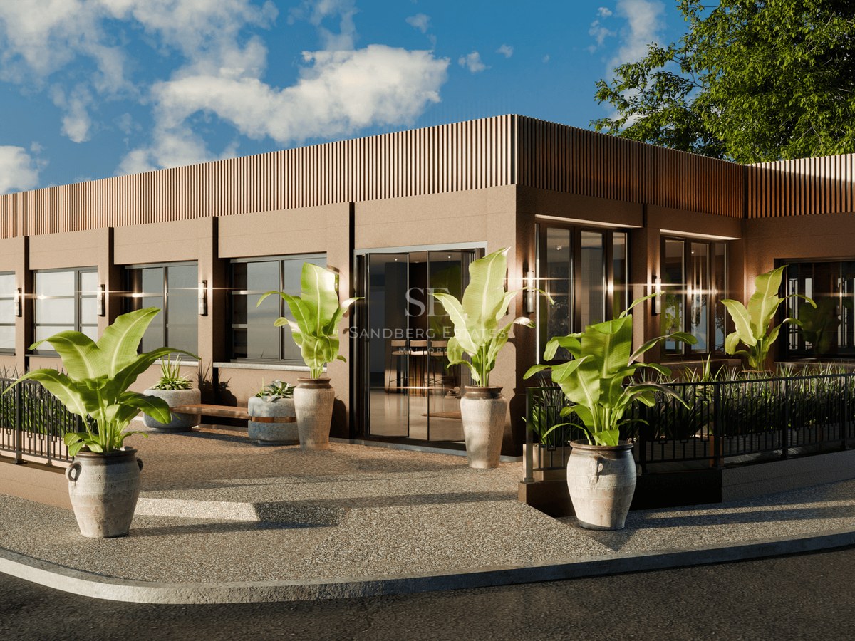 Exterior view of a modern brown building with large glass windows and potted tropical plants under a blue sky.