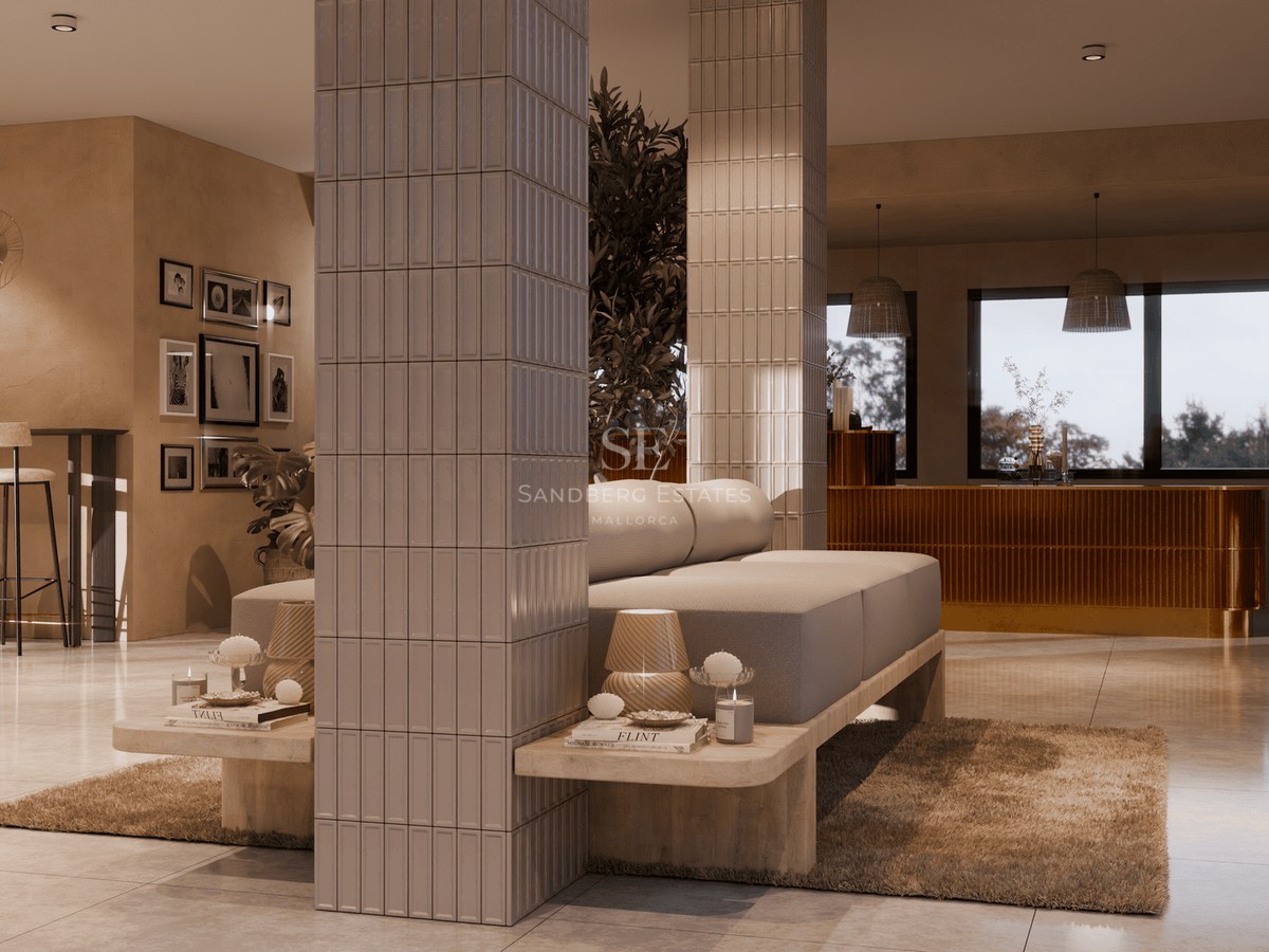 Modern open-plan living room with textured pillars, a designer sofa, and warm ambient lighting.