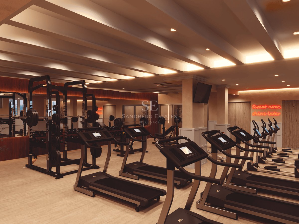Luxury gym interior featuring treadmills, weight racks, wood floors, and warm recessed lighting.