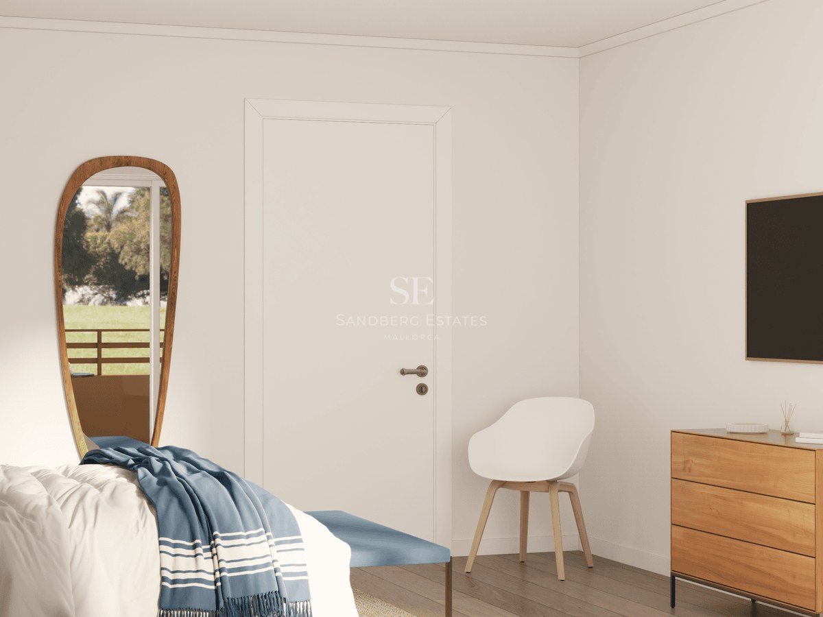 Minimalist bedroom featuring a wooden full-length mirror, white walls, oak furniture, and a blue throw blanket.