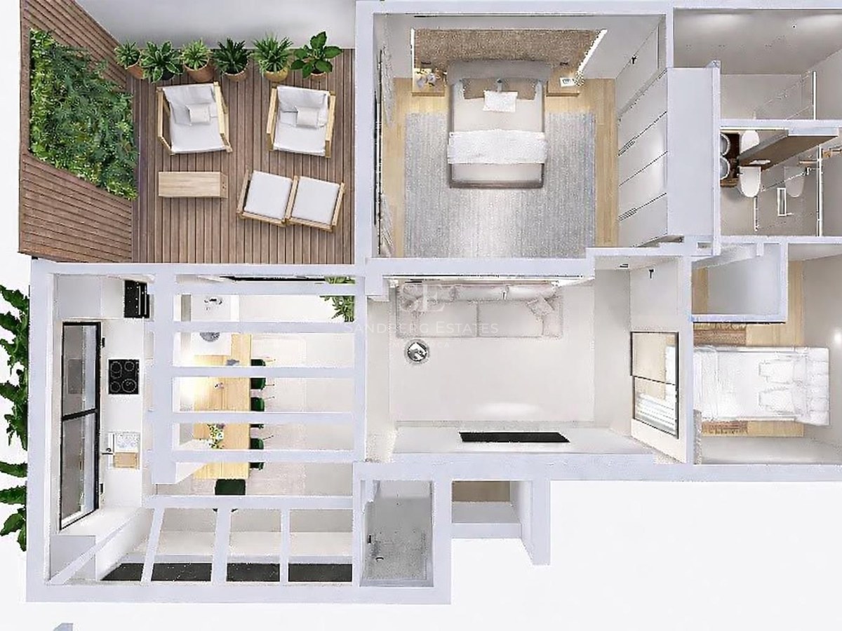3D top-down view of a modern two-bedroom apartment featuring an open kitchen and a spacious wooden terrace with plants.