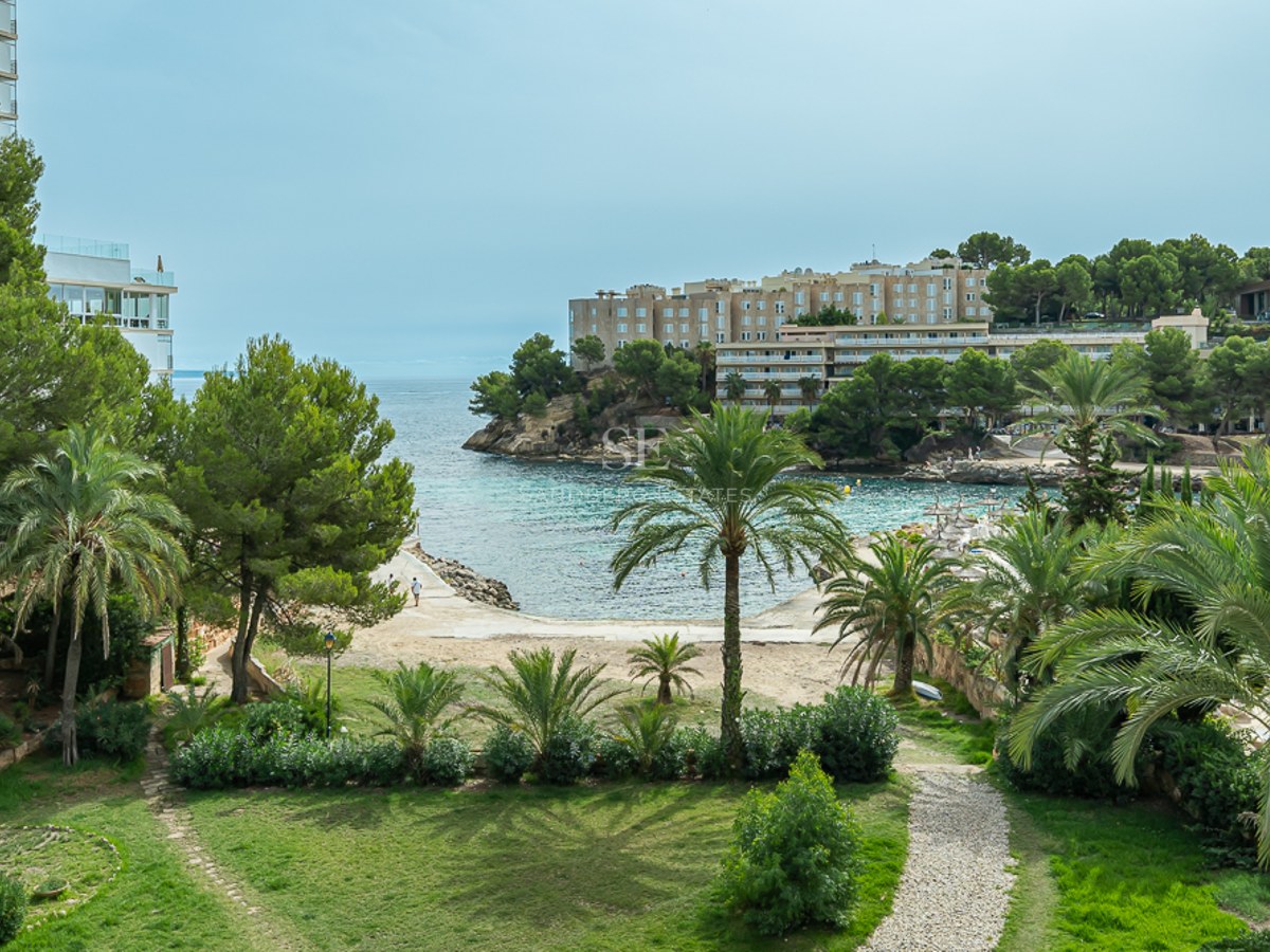 Un jardin luxuriant avec des palmiers et un chemin en pierre surplombant une crique méditerranéenne aux eaux turquoises.
