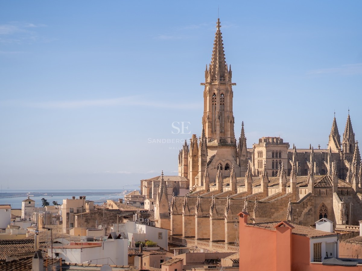 Catedral de Santa María de Palma con vistas a la ciudad y al mar Mediterráneo bajo un cielo despejado.