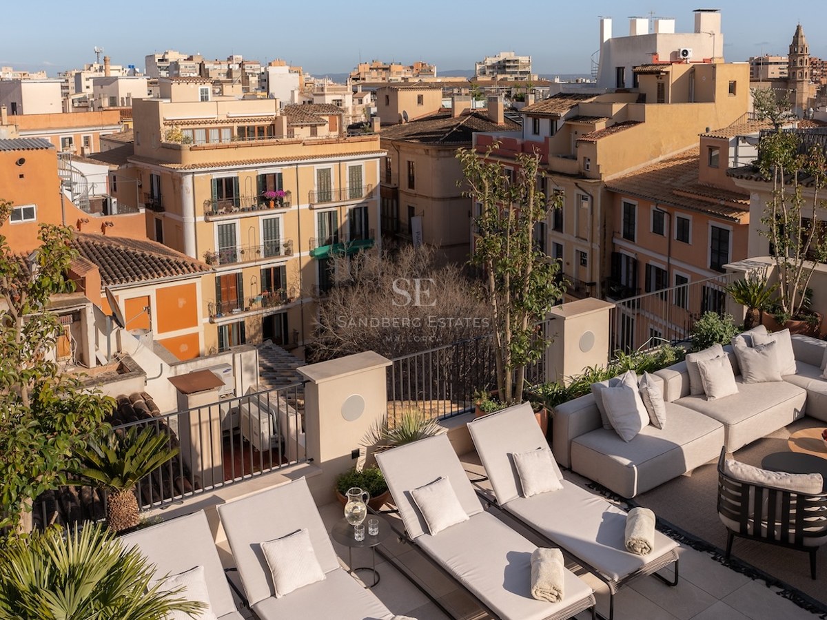 Terraza en la azotea con tumbonas beige, sofá esquinero y plantas con vistas a una ciudad histórica mediterránea.