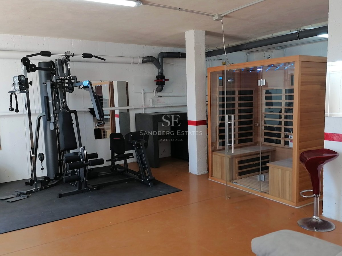 Indoor home gym featuring a multi-station weight machine and a private wooden sauna cabin.