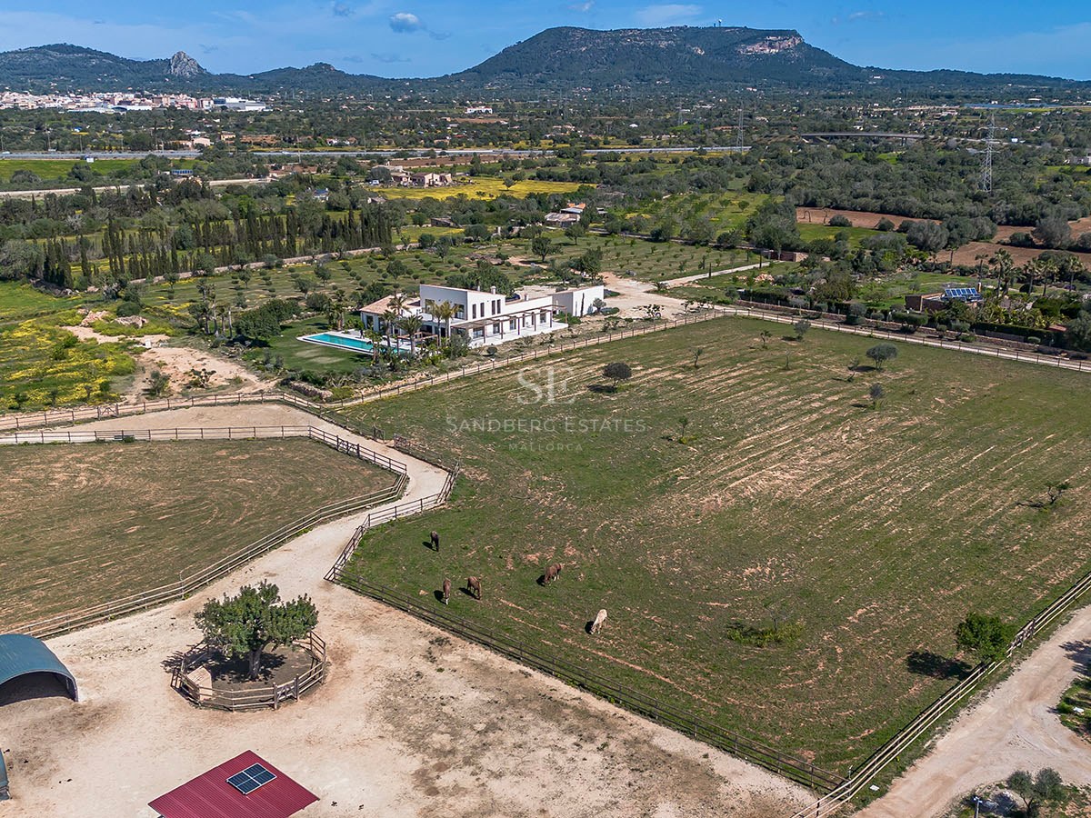 Aerial view of a large white modern villa with a swimming pool and vast green paddocks against a mountain backdrop.