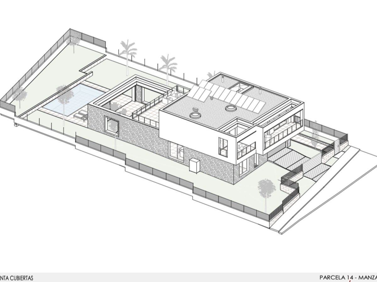 Isometrische Architekturzeichnung einer modernen Villa mit Photovoltaikanlage, Terrassen und Gartenanlage.
